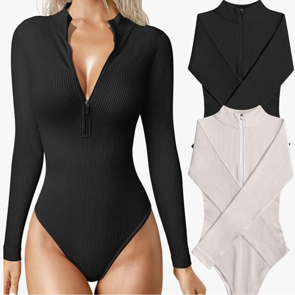 OQQ Ribbed Bodysuit Set | Snatched Zip Front Long Sleeve | Black